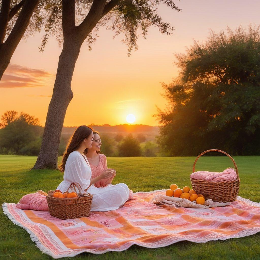 A serene park scene at sunset, showcasing two friends slowly transforming their bond into romance, with subtle glances and smiles. Include a beautifully adorned picnic blanket with a small basket, symbolizing shared moments and memories. Incorporate soft lighting and warm hues for an inviting atmosphere that evokes nostalgia and love. super-realistic. vibrant colors. sunset background.