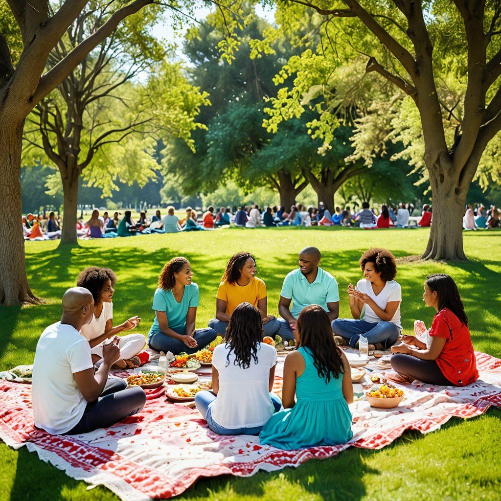 A diverse group of people of all ages and backgrounds gathered in a warm, inviting park, sharing meals, laughter, and stories together. Colorful blankets are spread out on the grass, with blooming flowers surrounding them, symbolizing connection and harmony. In the background, there are trees with hearts hanging from their branches, illustrating the theme of love and community. Soft sunlight filters through the leaves, creating a warm, welcoming glow. vibrant colors. super-realistic.